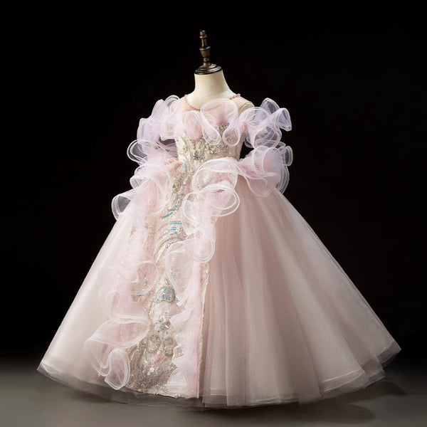 Elegant Baby Girl Pale Pink Floral Sequin Strap Mesh Princess Dress Toddler Birthday Costume Evening Dress