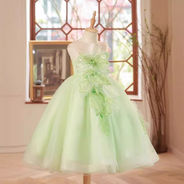 Elegant Baby Green Leaves Sequin Mesh Party Dresses Toddler Girl Formal Dresses
