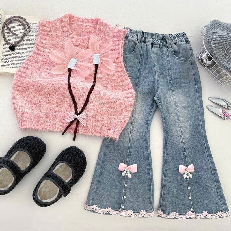 Baby Girl Vest Shirt and Flared Jeans Three-Piece Set