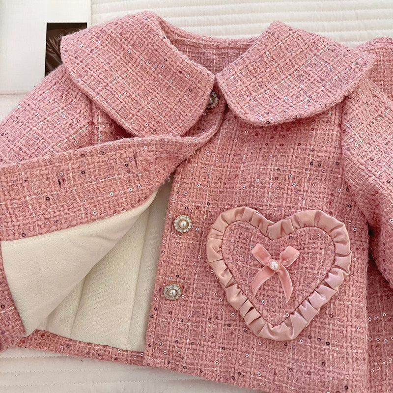 Girls' Winter Heart-Shaped Lace Coat Vest Dress Two-Piece Set