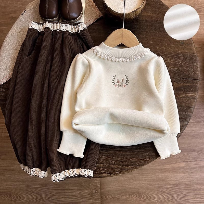 Girls' Winter Fleece Bottoming Sweatshirt and Pants Two-piece Set