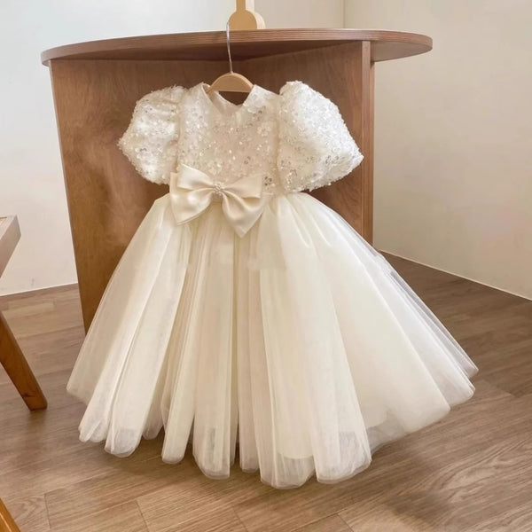 Cute Baby White Sequin Bow High Waist Puffy Dress Toddler Flower Girl Dresses