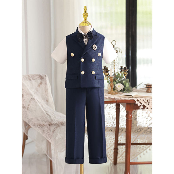 Boys Bow Tie Vest Double Breasted Waist Suit Set