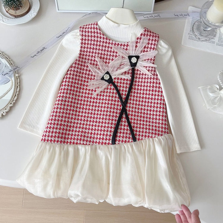 Girls' Plaid Base Layer Vest Dress Two-piece Set