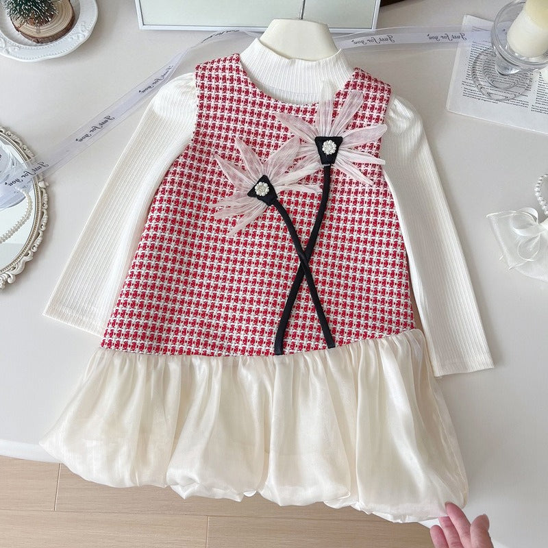 Girls' Plaid Base Layer Vest Dress Two-piece Set