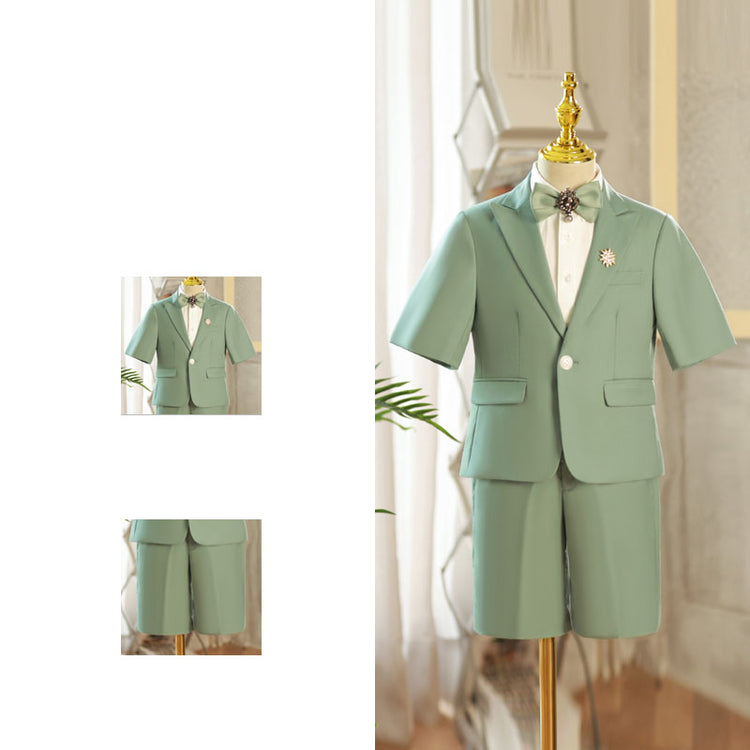 Boys Summer Gentleman Bow Tie Green British Suit Set