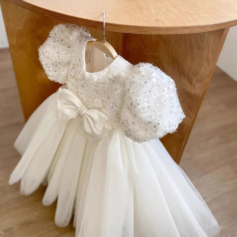 Cute Baby White Sequin Bow High Waist Puffy Dress Toddler Flower Girl Dresses