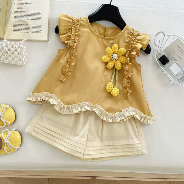 New Girls Summer Flower Top Shorts Two Piece Set