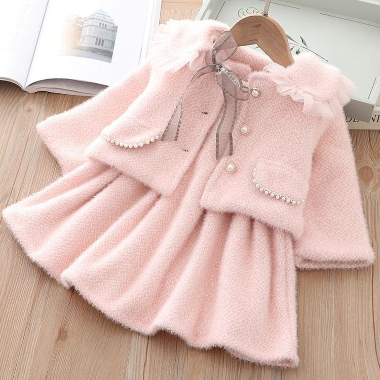 Girls' Mink Fleece Coat Vest Dress Two-piece Set