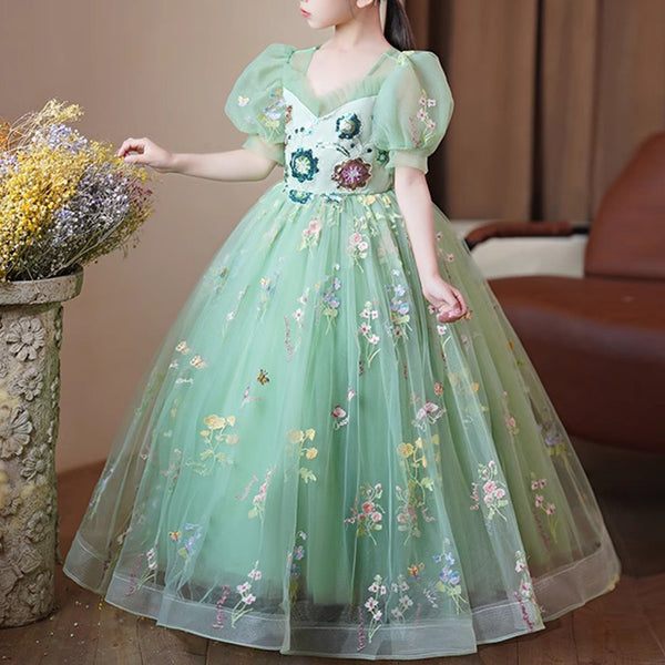 Elegant Baby Green Sequined Mesh Puffy Party Princess Dress Little Girl Dresses