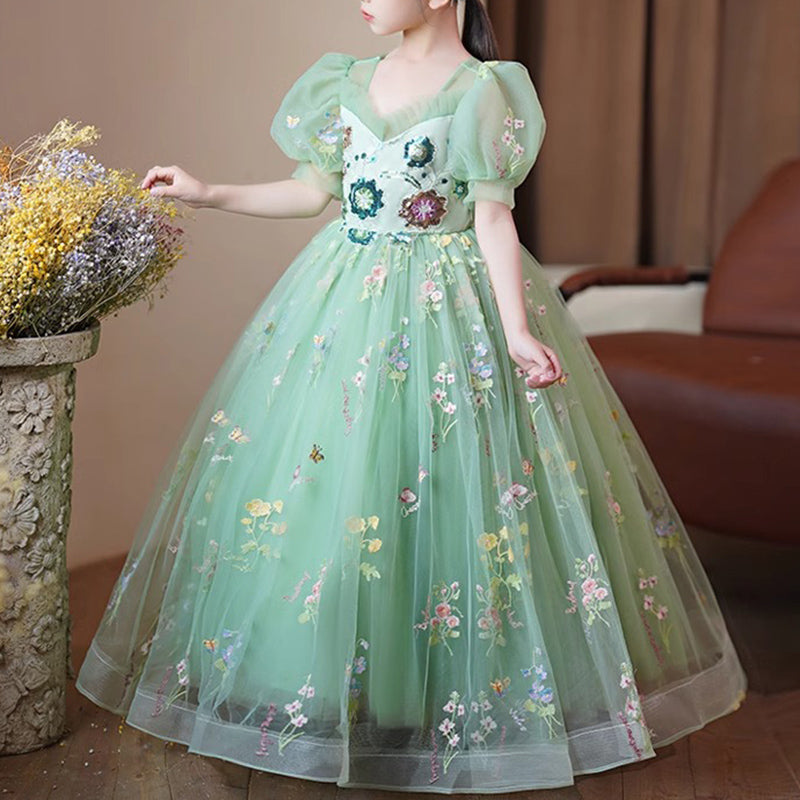 Elegant Baby Green Sequined Mesh Puffy Party Princess Dress Little Girl Dresses