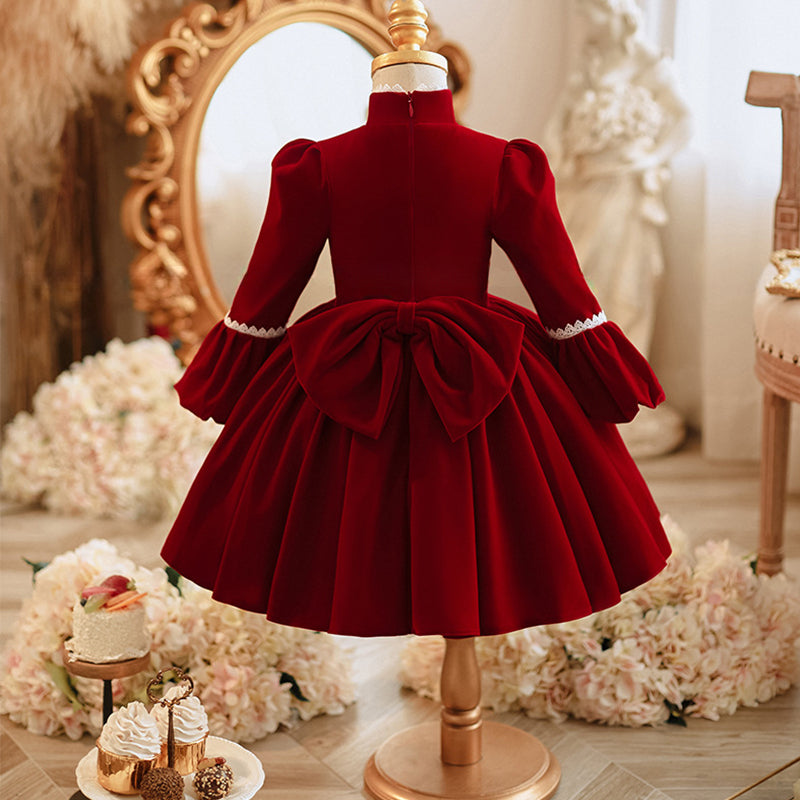 red velvet dress baby Flower Girl Dress Baby Girl Birthday Dress Girl Red Party Velvet Princess Dress, Red / 3-4 Years (110cm)