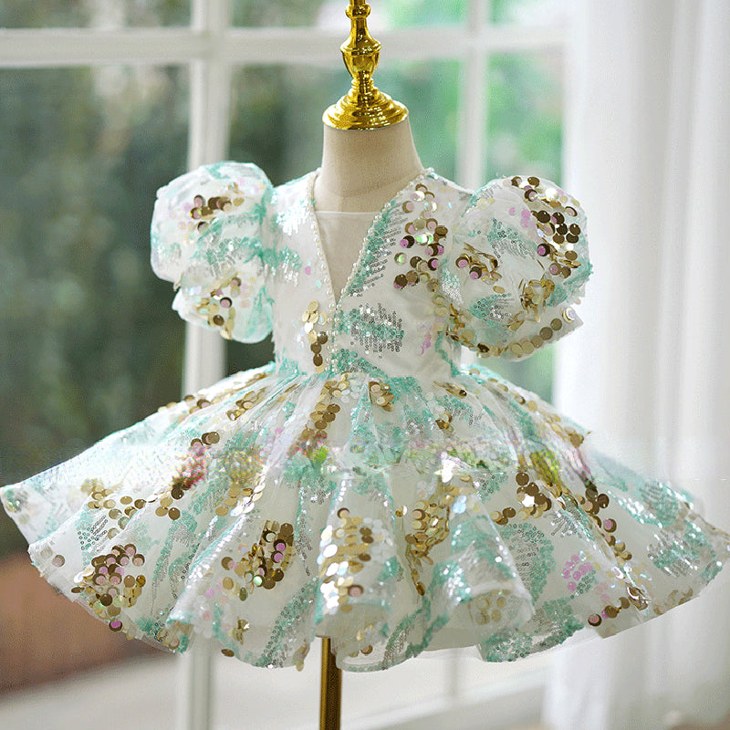 Elegant Baby Girls V Collar Floral Sequin Princess Dress Toddler Birthday Dress, Green / 11-12 Years (160cm)