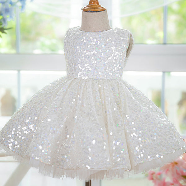 Elegant Baby White Sequined Puff Princess Dress Toddler Christening Dress