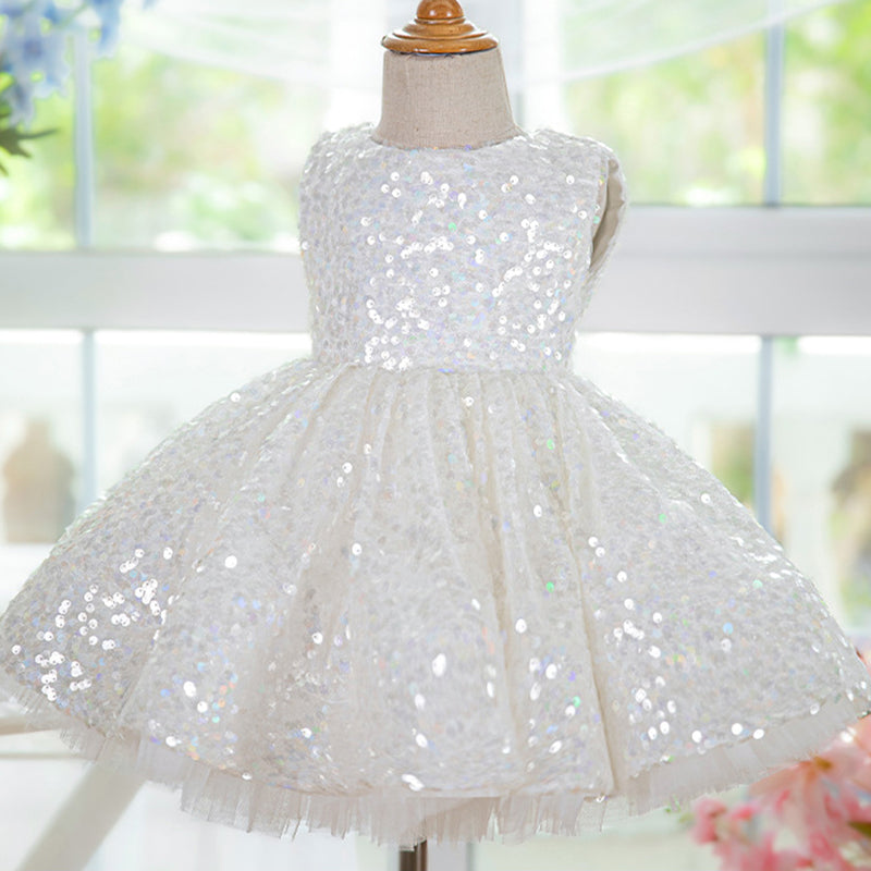 Elegant Baby White Sequined Puff Princess Dress Toddler Christening Dress