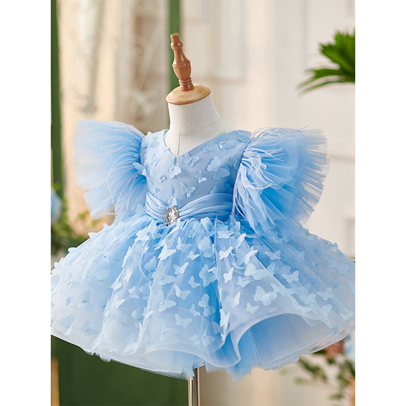 Cute Blue Butterfly  Pageant Dress Toddler First Birthday Party Princess Dress