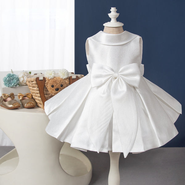 Elegant Baby White Sleeveless Backless Pleated Bow Dress Toddler Communion Dress