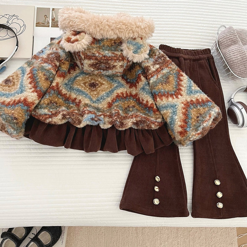 Girls' Winter Fleece Hooded Coat Flared Pants Two-Piece Set
