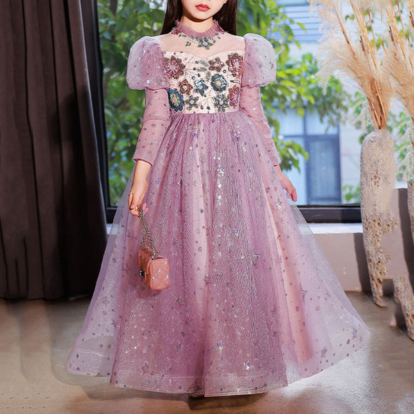 Sweet Baby Girls Purple Puff Long Sleeve Birthday Princess Dress Toddler Performance Dress