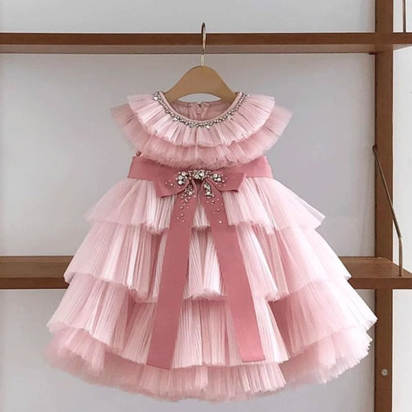 Elegant Baby Pink Bow Cake Birthday Dress Toddler First Birthday Dress