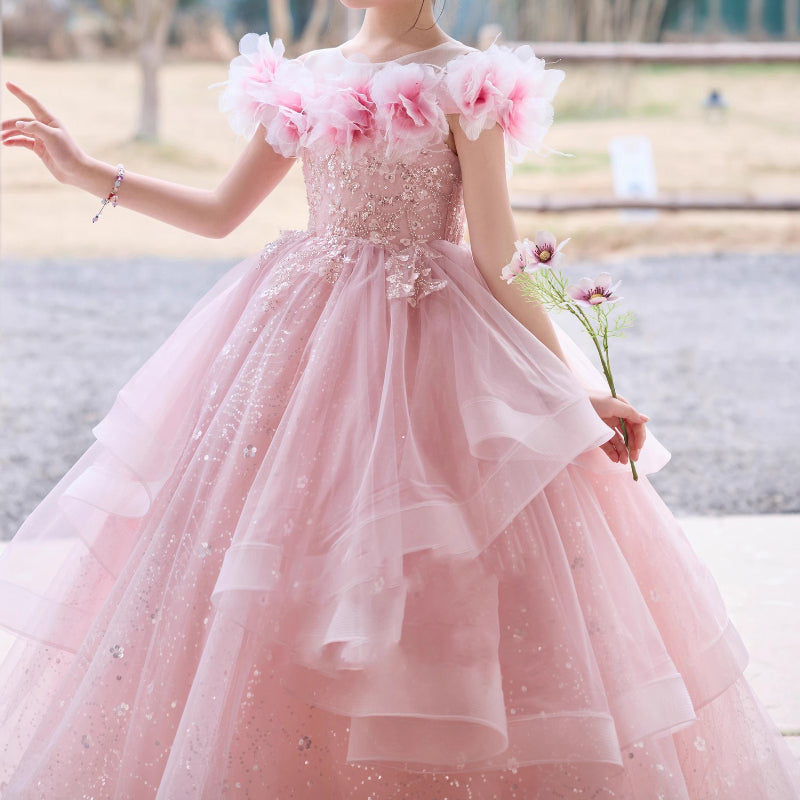 Pink Girls Birthday Dress Flower Girl Puff Dress Children's Party Dress, Pink / 9-10 Years (150cm)