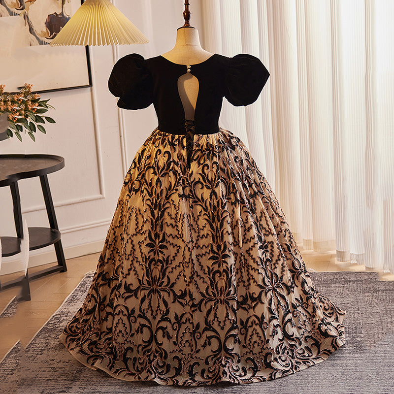 Elegant Baby Girls Black and Gold Puff Sleeve Pattern Princess Dress Toddler Prom Dress Elegant Baby Girls Black and Gold Puff Sleeve Pattern Princess Dress Toddler Prom Dress