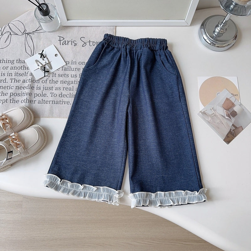 Girls' New Autumn Bottoming Shirt Denim Vest Lace Jeans Three-piece Set