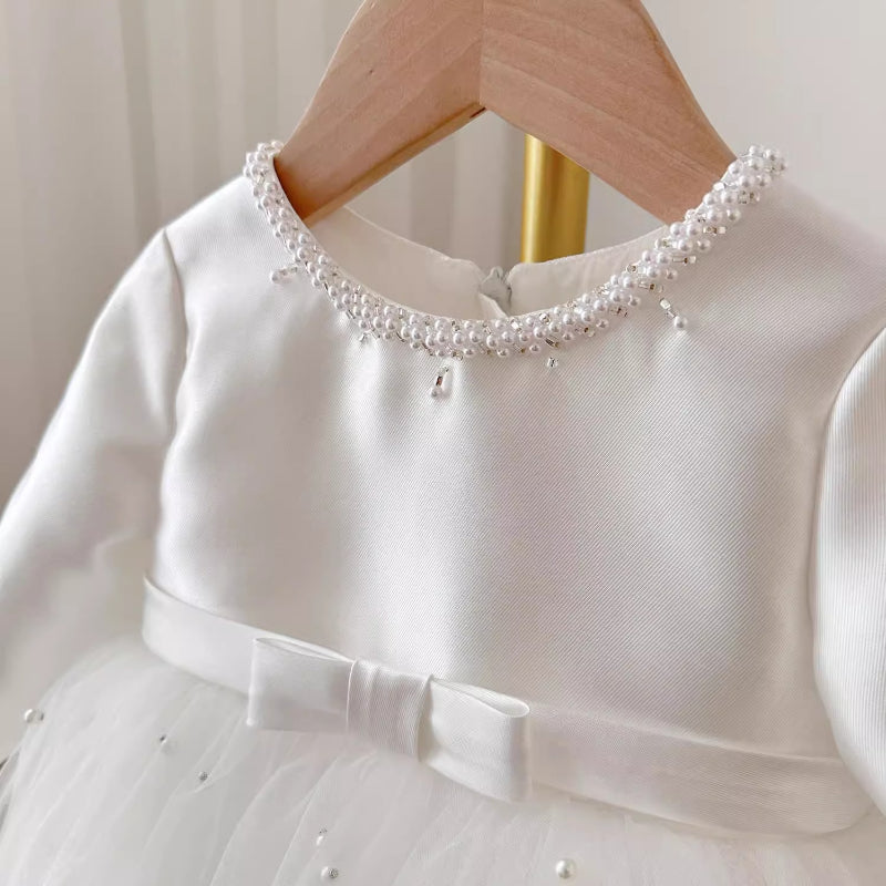 Elegant Baby Girl White Flower Girl Puff Princess Dress Toddler First Birthday Dress
