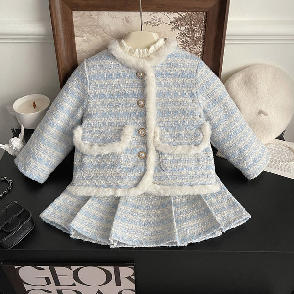 Cute Warm New Year Baby Girls Blue Two-piece Coat Short Dress Suit