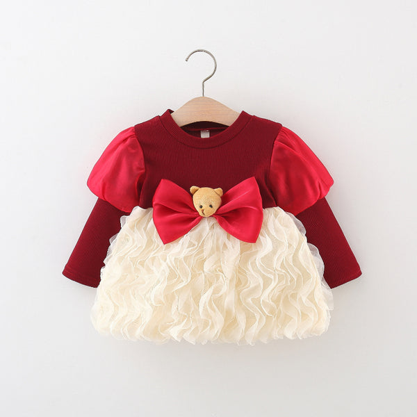 Bear Head Bow Puff Sleeve Mesh Splicing Dress