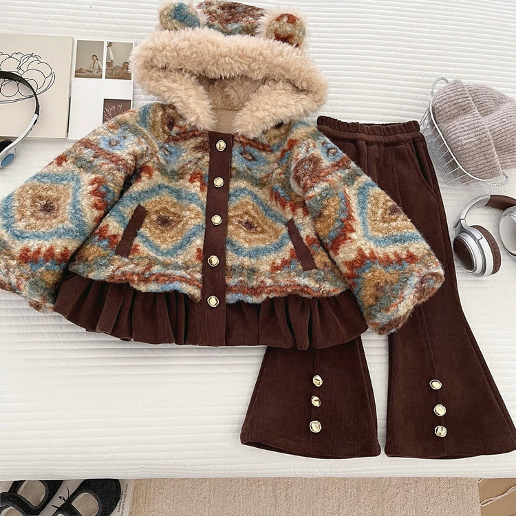 Girls' Winter Fleece Hooded Coat Flared Pants Two-Piece Set