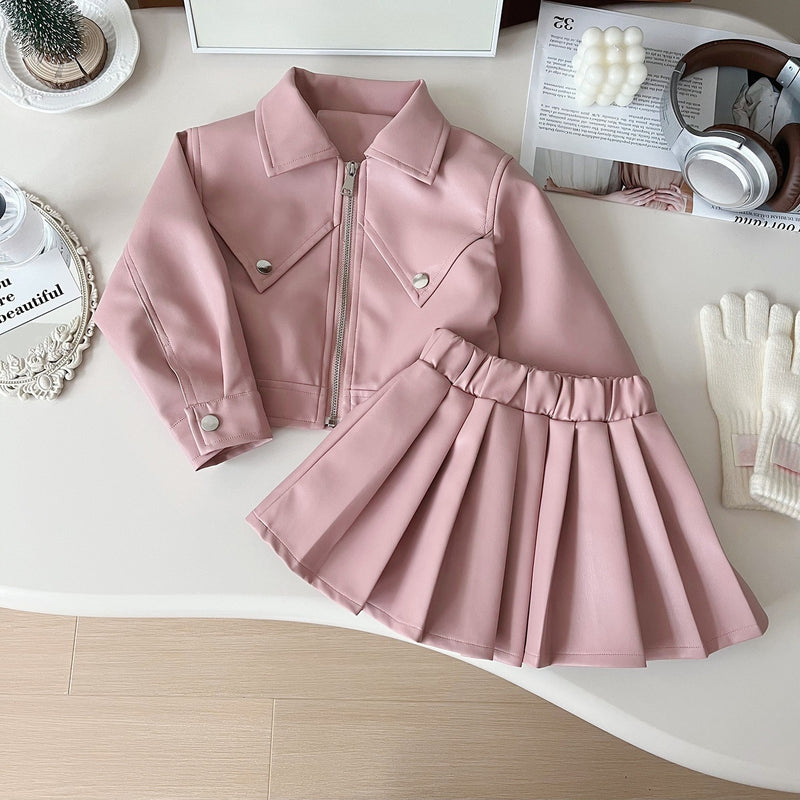Girls' New Autumn Jacket and Pleated Skirt Two-piece Suit