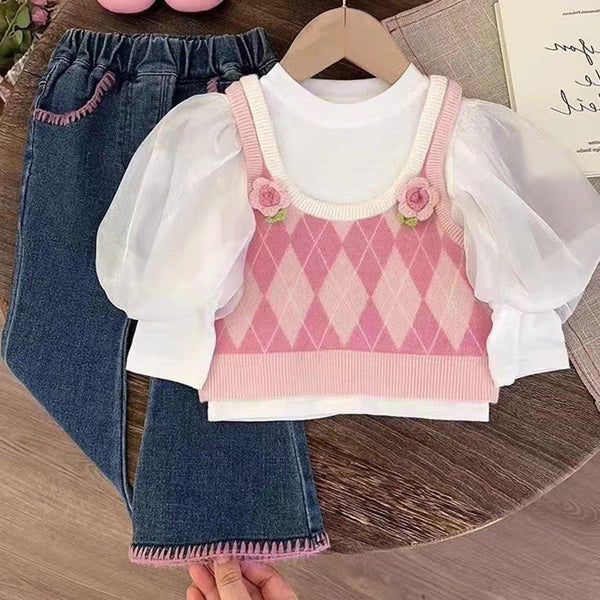 Cute Baby Girl Puff Sleeve Three-piece Set