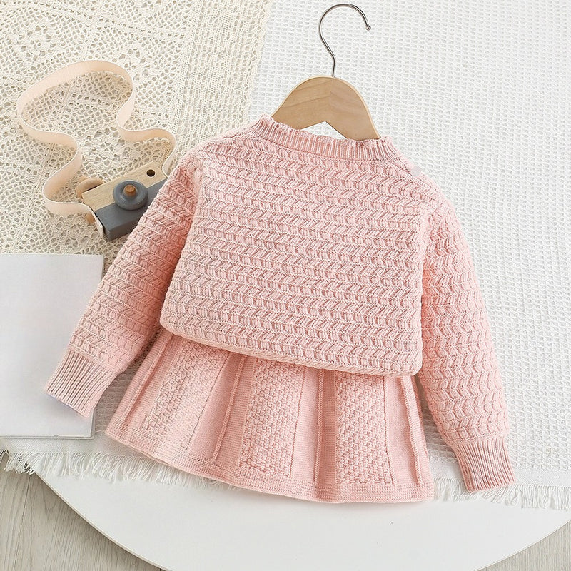 Girls' Cute Cartoon Knitted Cardigan Short Skirt Two-Piece Set