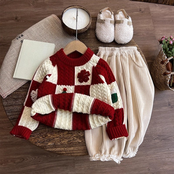 Girls' Autumn New Year Greetings Sweater and Pants Two-piece Set