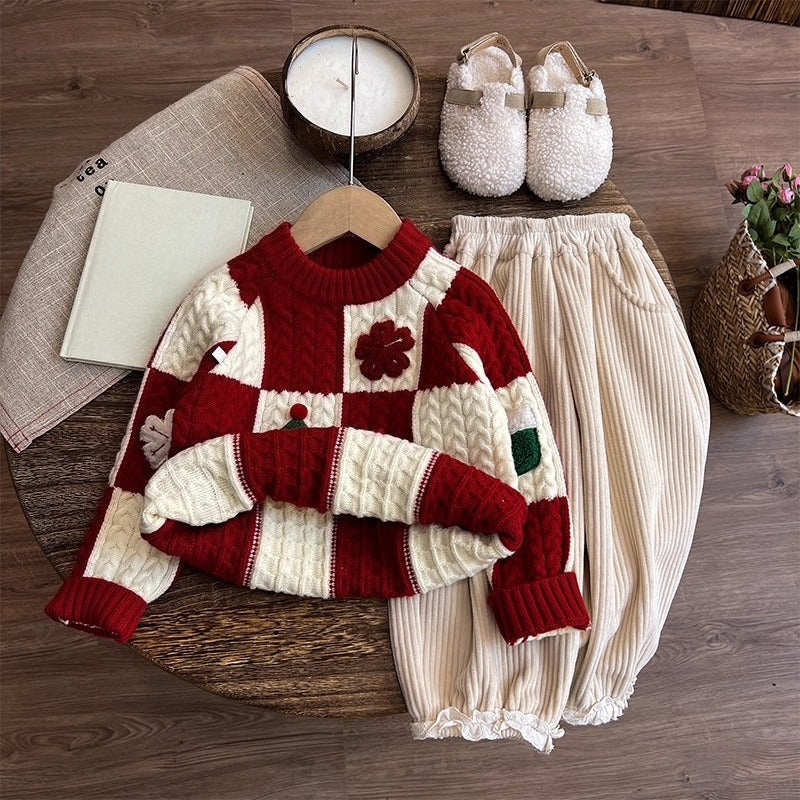 Girls' Autumn New Year Greetings Sweater and Pants Two-piece Set