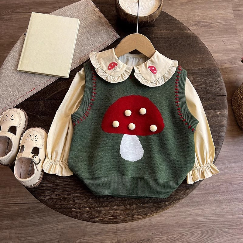 Girls' Autumn Knitted Vest Shirt and Pants Three-piece Set