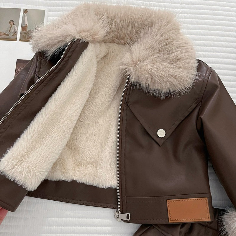 Girls' Winter PU Leather Jacket and Skirt Two-Piece Set