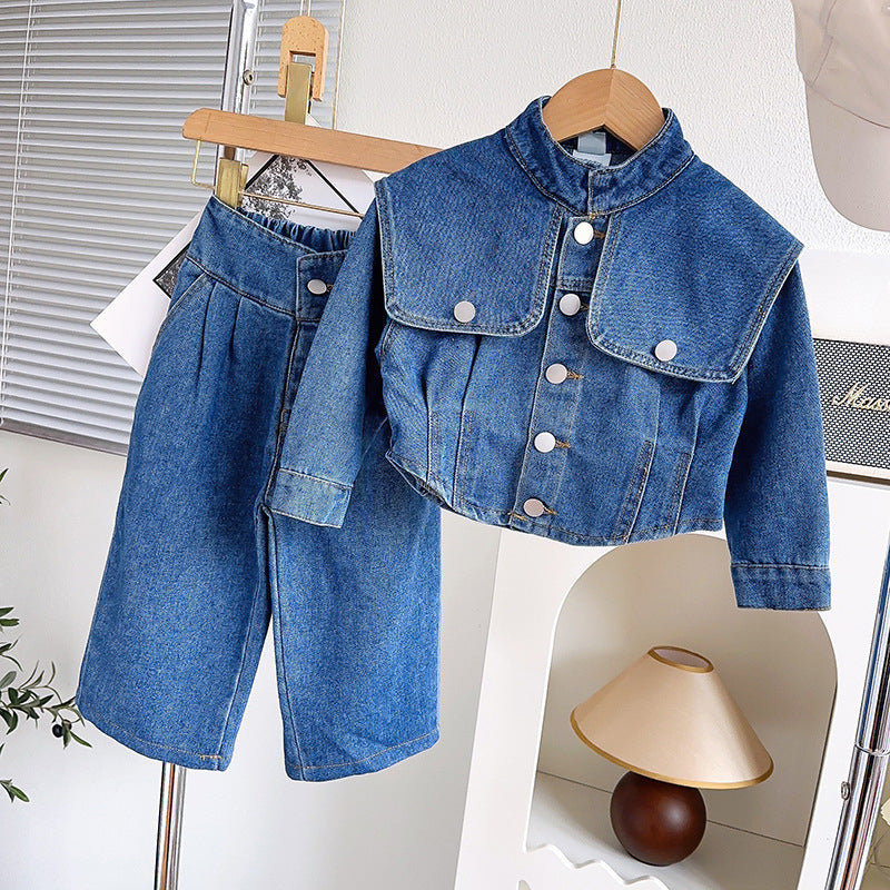 Girls Lapel Denim Suit Children's Two-piece Suit