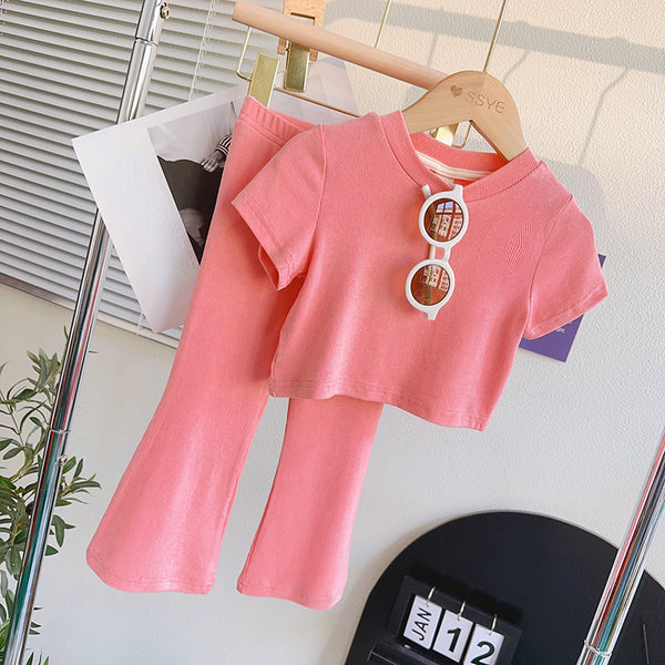 Cute Baby Girl Round Neck Short-sleeved Top Nine-quarter Wide-leg Pants Suit