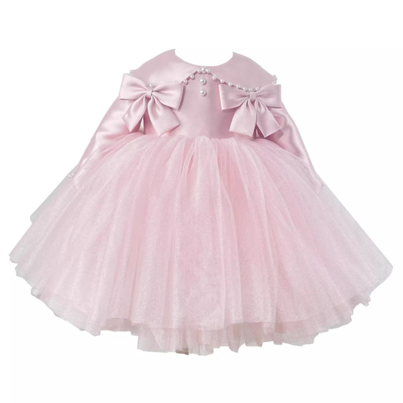 Cute Baby Pink Bow Mesh Evening Prom Dress Toddler Christening Dress