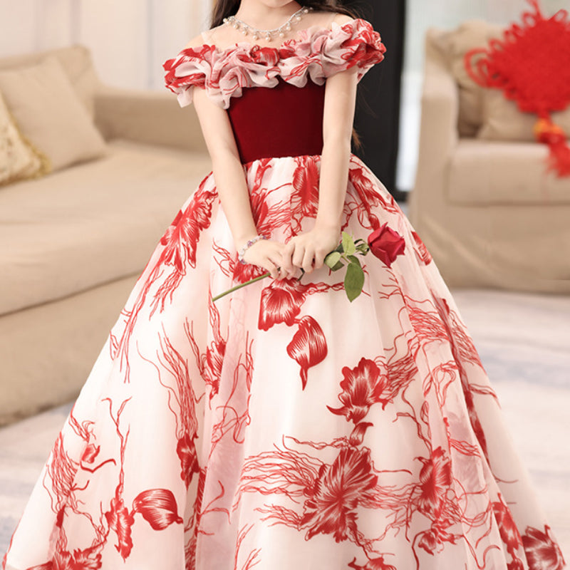 Girls Red Birthday Dress Girls Elegant Prom Princess Dress