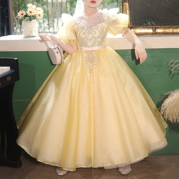 Elegant Baby Yellow Mesh Sequin Party Dress Toddler Birthday Costume Princess Dress