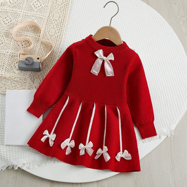 Girls' Autumn New Bow Knitted Dress