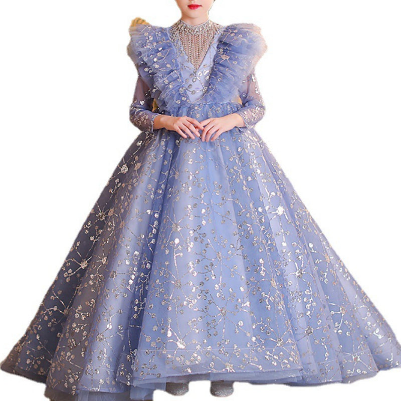 Blue Girls Evening Dress Princess Dress Children Wedding Dress Trailing Dress