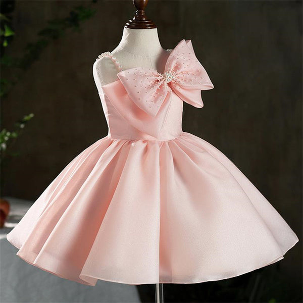 Elegant Baby Girls Pink Bow Pearl Strap Puffy Girls Christening Dress Toddler Beauty Pageant Dressess