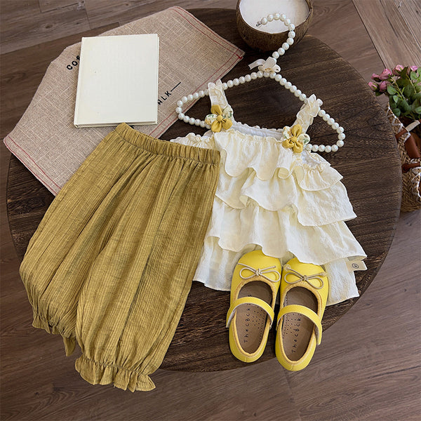 Cute Baby Girl Flower Suspender Pants Suit