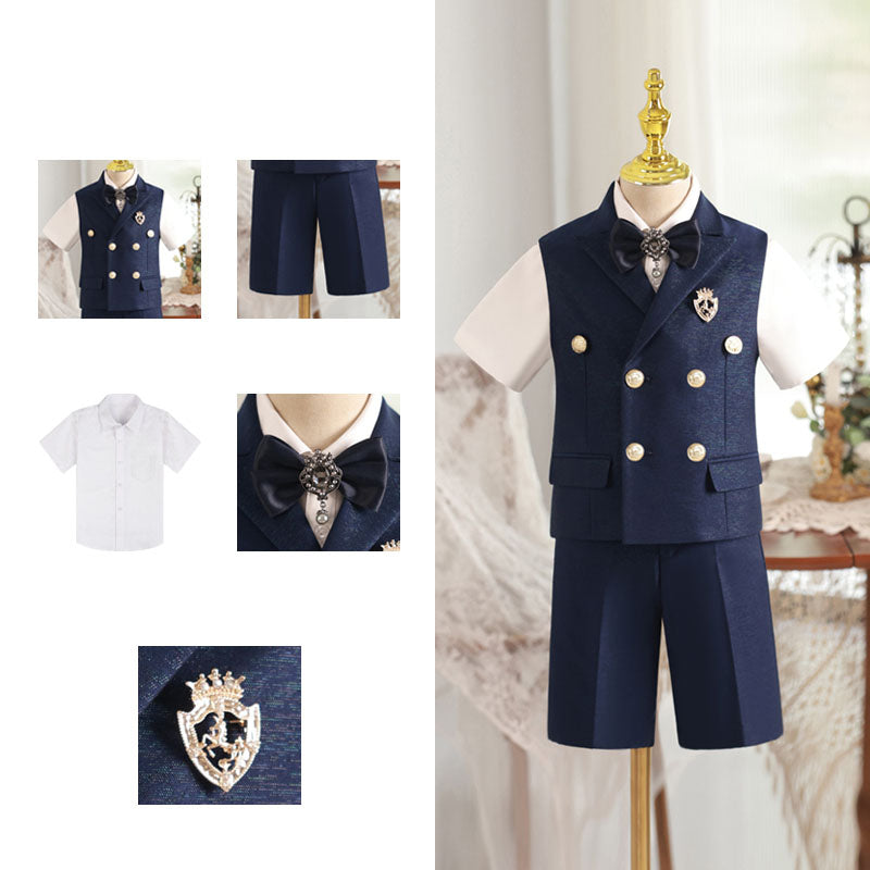 Boys Bow Tie Vest Double Breasted Waist Suit Set