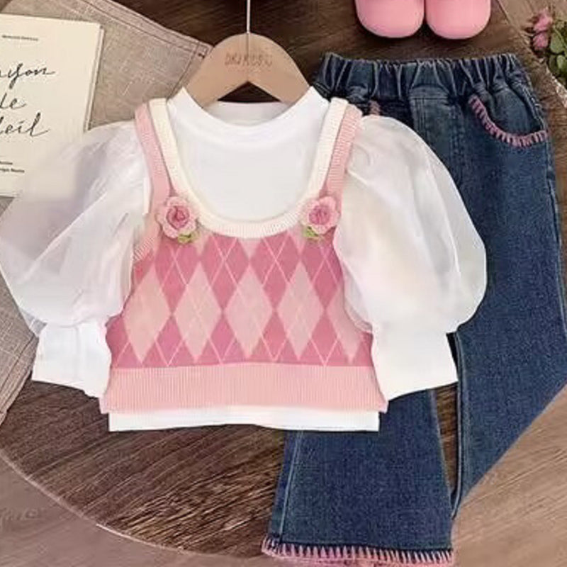 Cute Baby Girl Puff Sleeve Three-piece Set