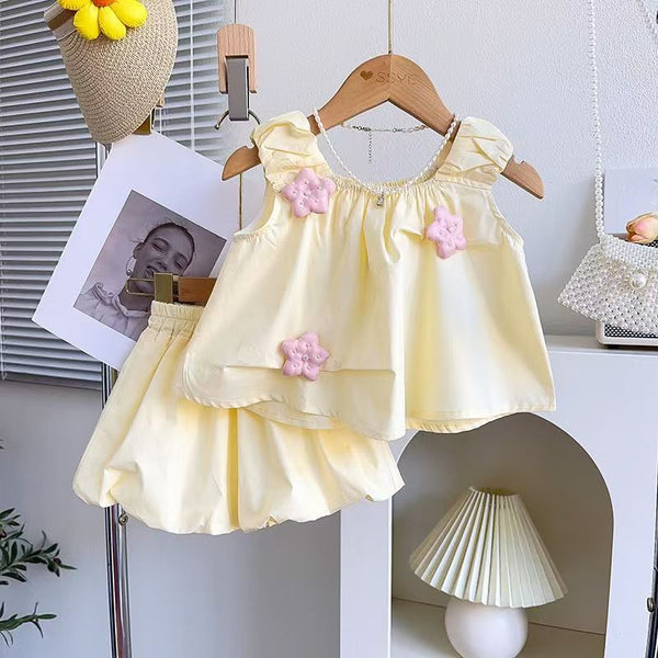 Girls 3D Flower Bud Cute Top and Shorts Two-piece Set